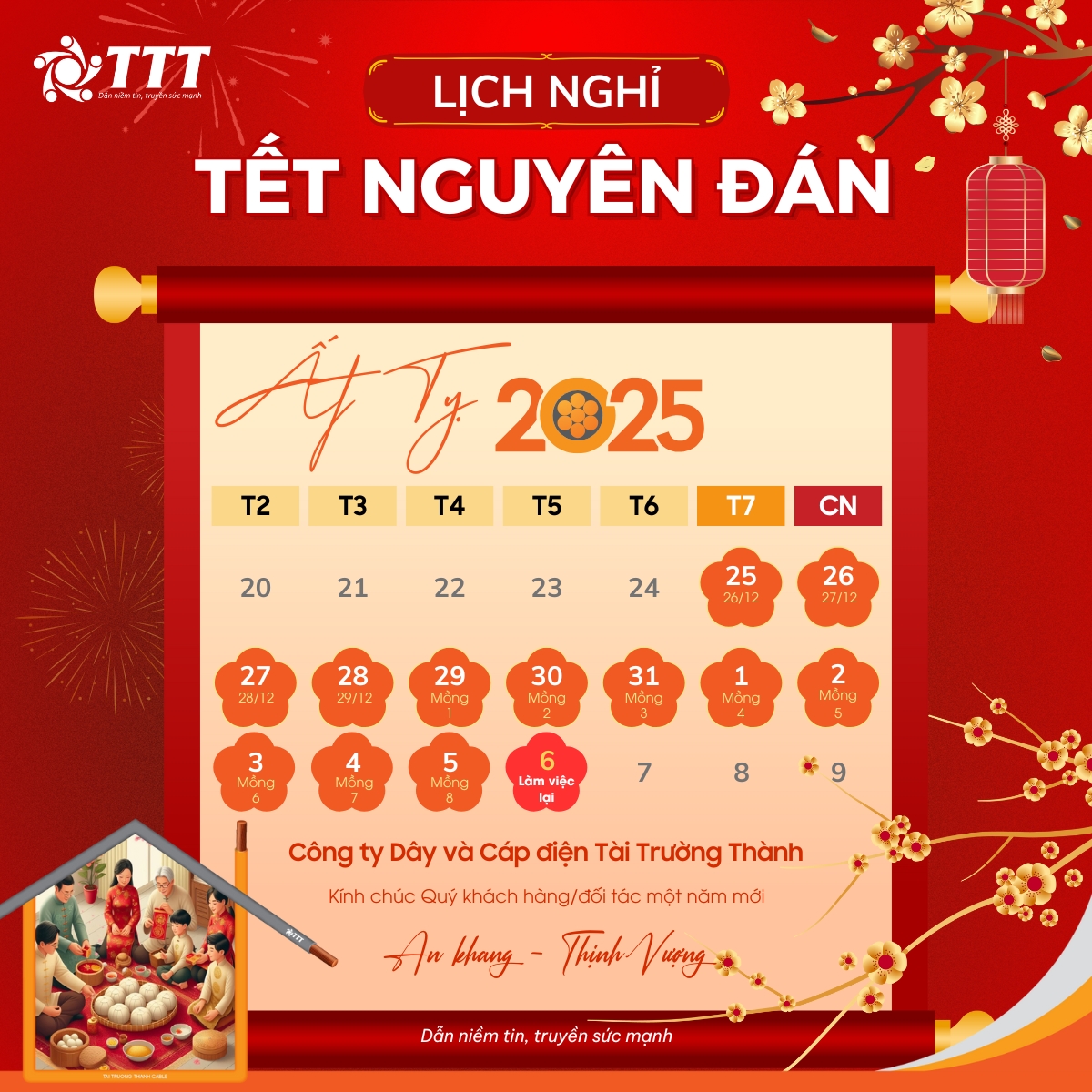 Dây cáp điện Tài Trường Thành thông báo lịch nghỉ Tết Nguyên Đán 2025