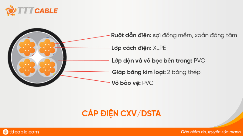 cấu tạo cáp điện cxv/dsta